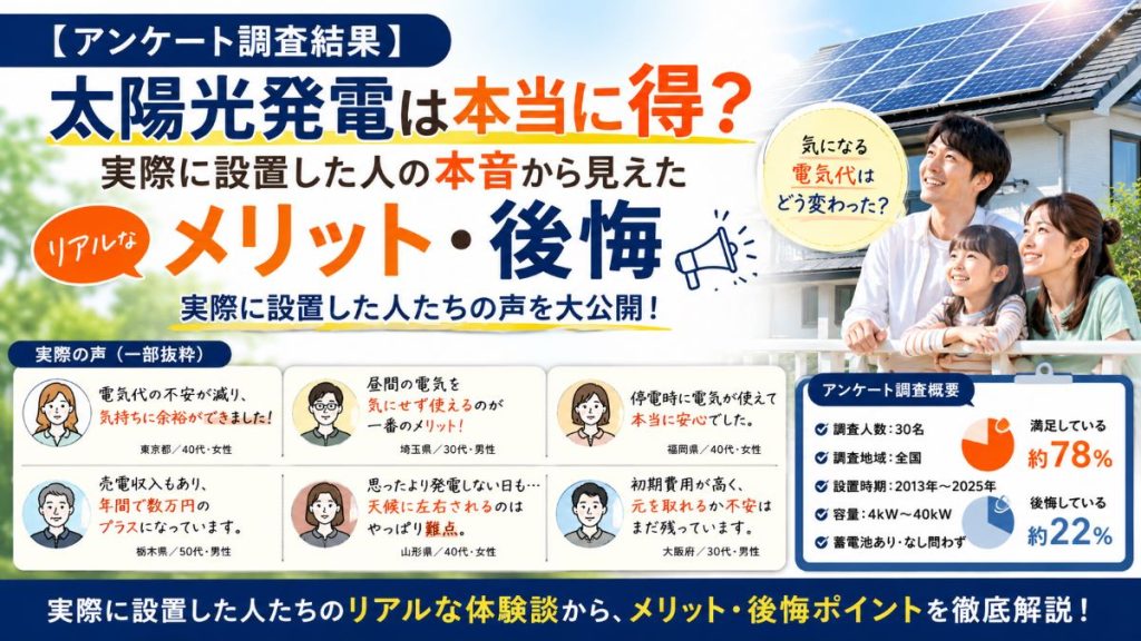 【アンケート調査結果】太陽光発電は本当に得？実際に設置した人の本音から見えたメリット・後悔
